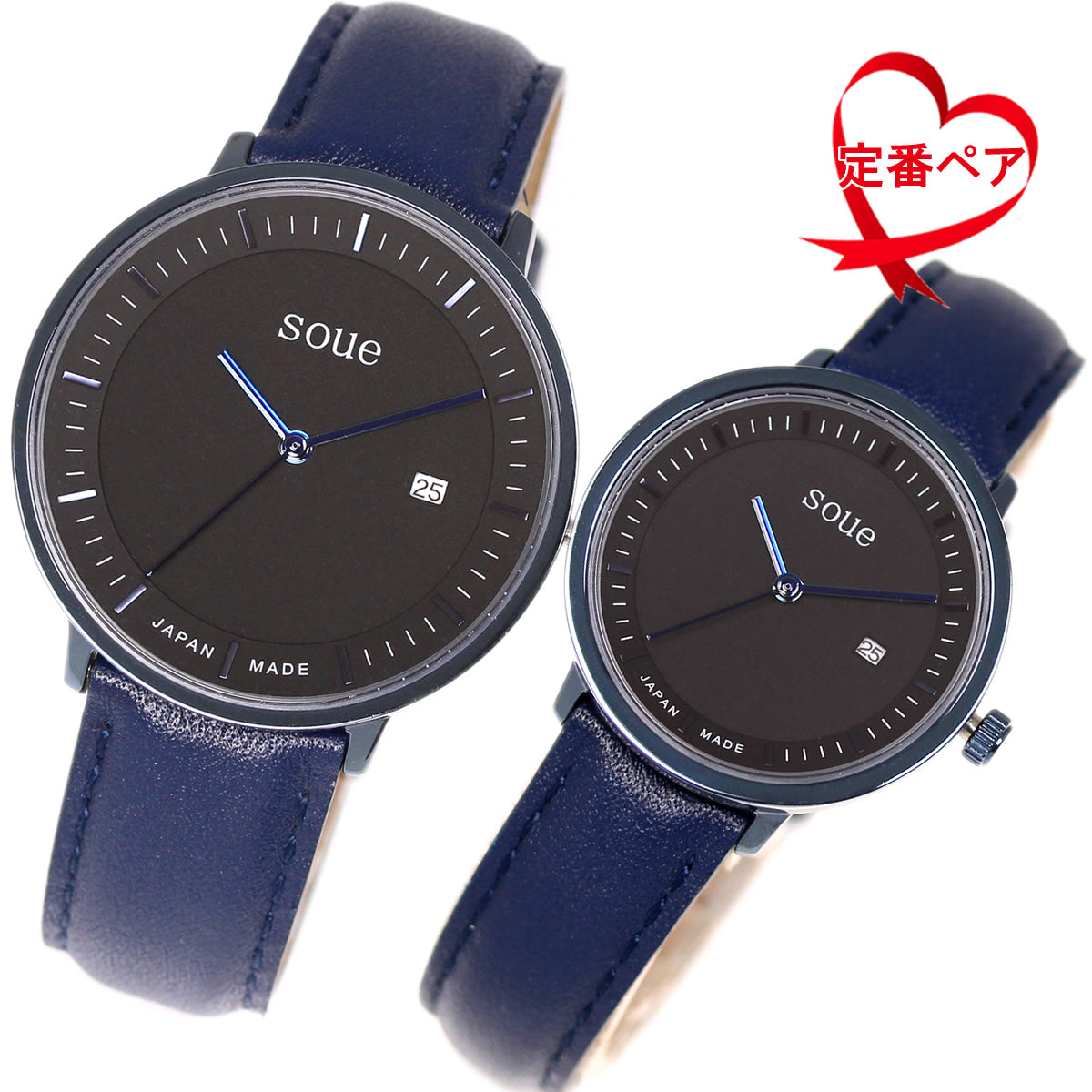 soue A Basics ペアウォッチ 革ベルト レザーバンド メタリックブルー×ブラック文字盤×ブルー ペア メンズ/レディース 38mmサイズ×30mmサイズ 腕時計