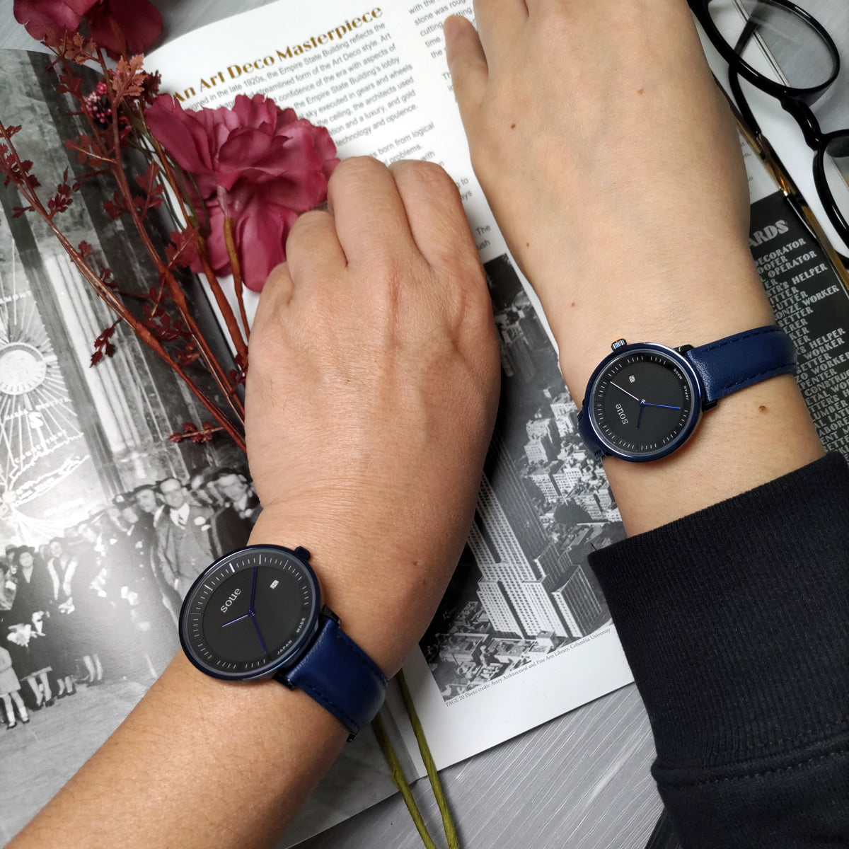 soue A Basics ペアウォッチ 革ベルト レザーバンド メタリックブルー×ブラック文字盤×ブルー ペア メンズ/レディース 38mmサイズ×30mmサイズ 腕時計