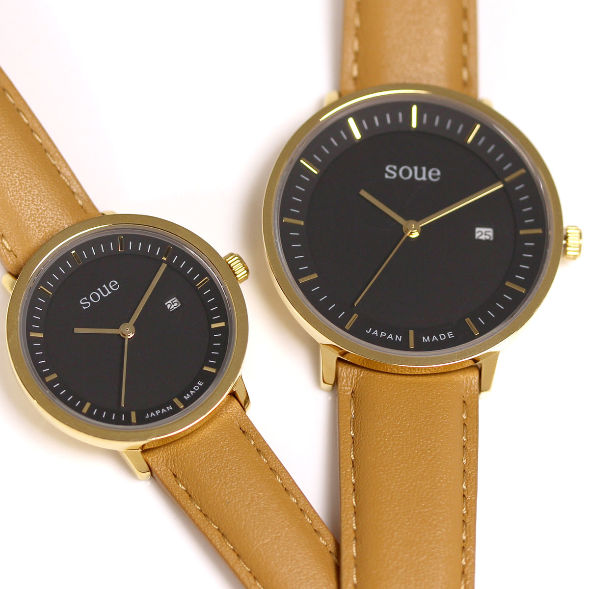 soue A Basics ペアウォッチ 革ベルト レザーバンド ゴールド×ブラック文字盤×キャメル ペア メンズ/レディース 38mmサイズ×30mmサイズ 腕時計