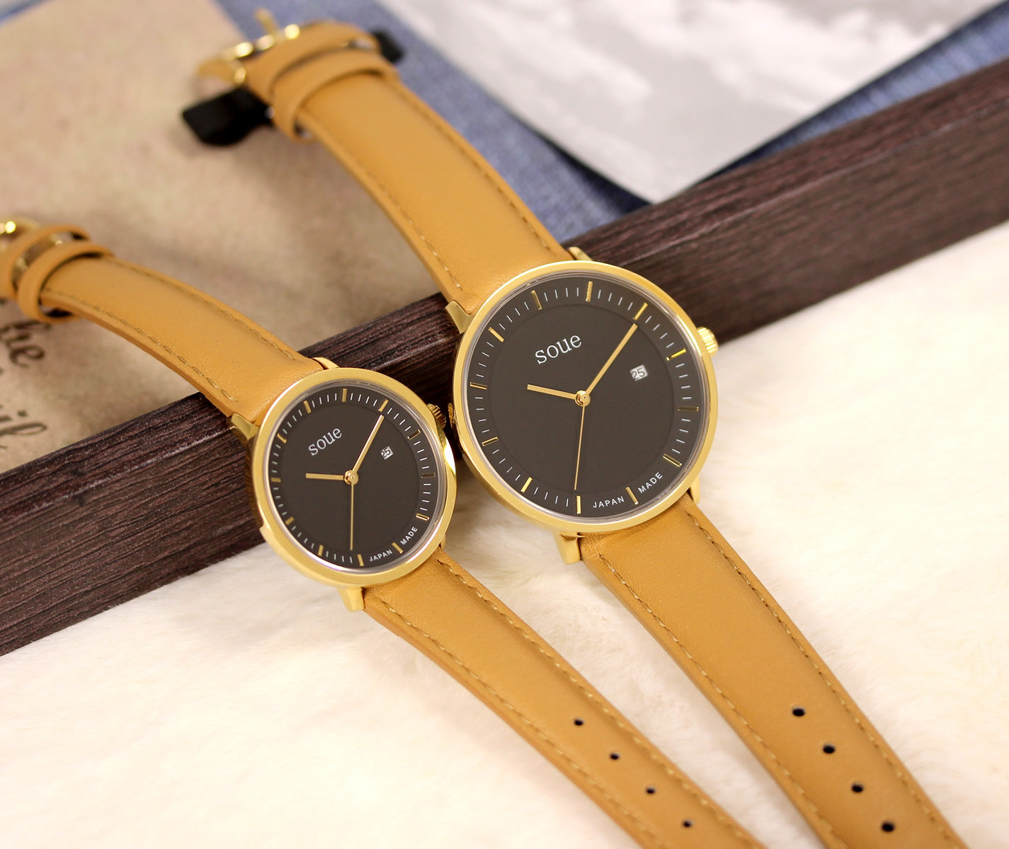soue A Basics ペアウォッチ 革ベルト レザーバンド ゴールド×ブラック文字盤×キャメル ペア メンズ/レディース 38mmサイズ×30mmサイズ 腕時計