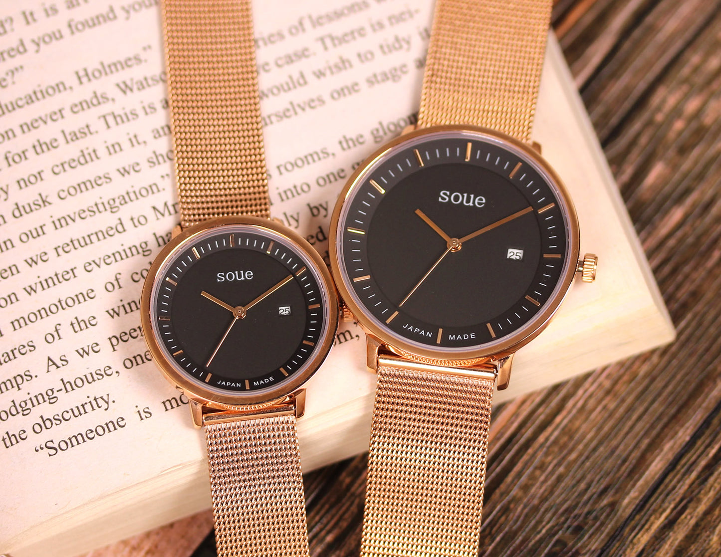 soue A Basics ペアウォッチ ステンレスベルト メッシュバンド ピンクゴールド×ブラック文字盤×ピンクゴールドメッシュバンド ペア メンズ/レディース 38mmサイズ×30mmサイズ 腕時計