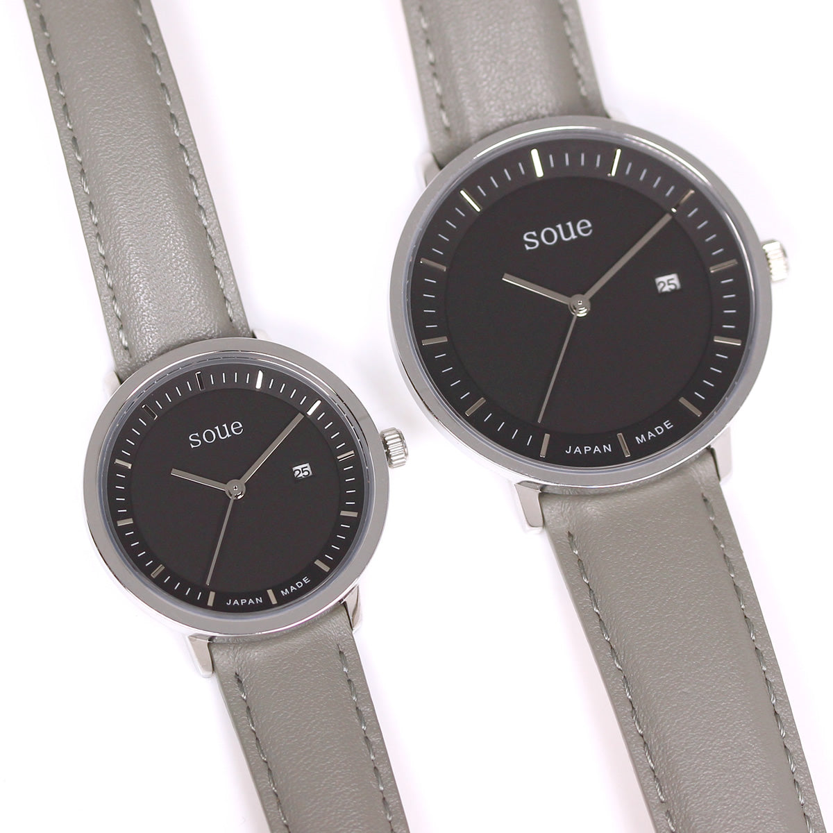 soue A Basics ペアウォッチ 革ベルト レザーバンド シルバー×ブラック文字盤×グレー ペア メンズ/レディース 38mmサイズ×30mmサイズ 腕時計