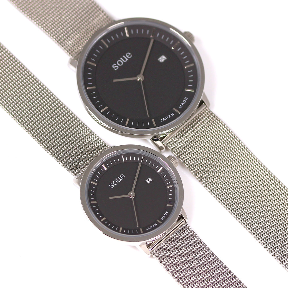 soue A Basics ペアウォッチ ステンレスベルト メッシュバンド シルバー×ブラック文字盤×シルバーメッシュバンド ペア メンズ/レディース 38mmサイズ×30mmサイズ 腕時計