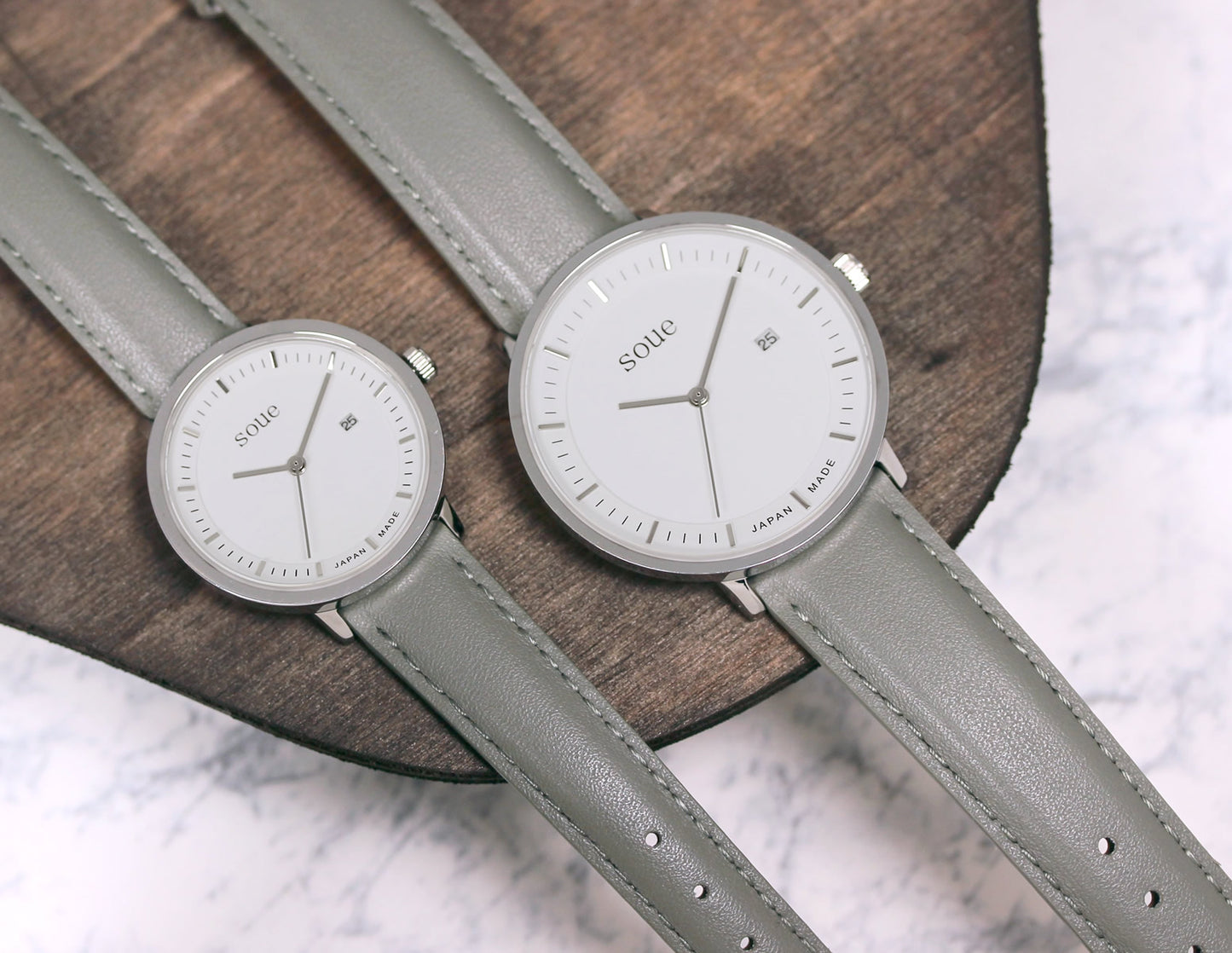soue A Basics ペアウォッチ 革ベルト レザーバンド シルバー×ホワイト文字盤×グレー ペア メンズ/レディース 38mmサイズ×30mmサイズ 腕時計