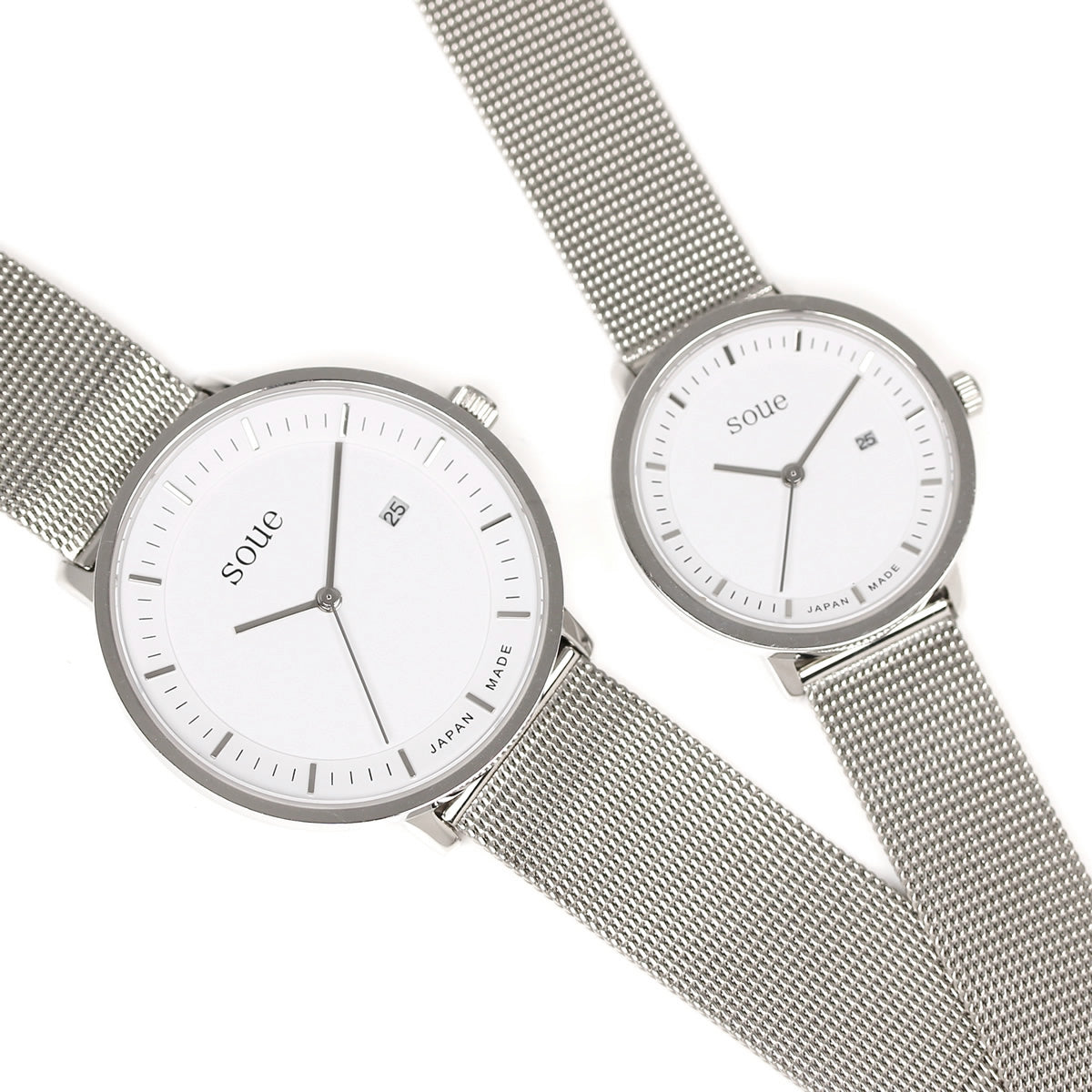 soue A Basics ペアウォッチ ステンレスベルト メッシュバンド シルバー×ホワイト文字盤×シルバーメッシュバンド ペア メンズ/レディース 38mmサイズ×30mmサイズ 腕時計