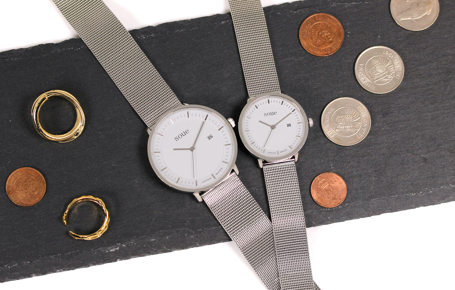 soue A Basics ペアウォッチ ステンレスベルト メッシュバンド シルバー×ホワイト文字盤×シルバーメッシュバンド ペア メンズ/レディース 38mmサイズ×30mmサイズ 腕時計